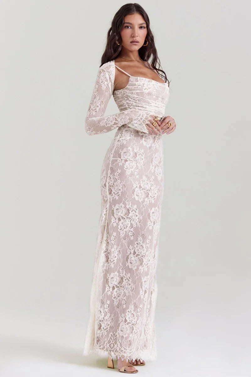 Set aus figurbetontem Maxikleid aus Spitze für Damen – Langärmlige, kurze Jacke