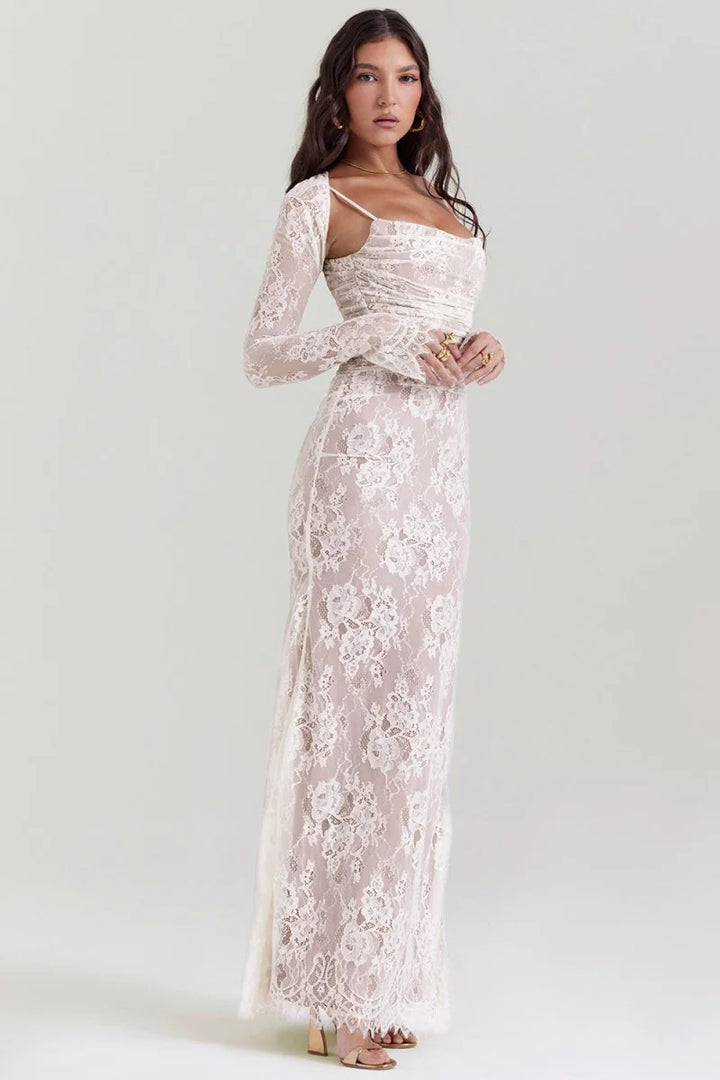 Set aus figurbetontem Maxikleid aus Spitze für Damen – Langärmlige, kurze Jacke