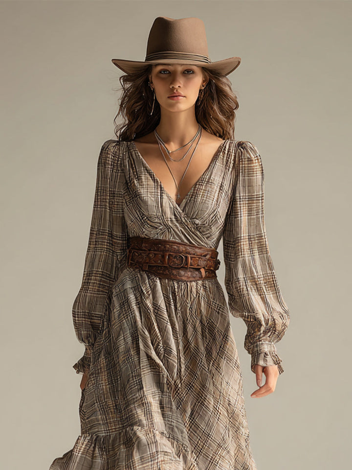 Boho-Midikleid aus Chiffon mit Karomuster und Rüschen