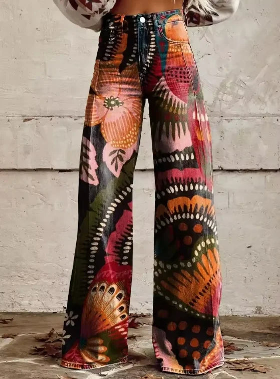 Damen-Jeans mit weitem Bein und Print – Schlaghose aus Denim mit Statement-Charakter.