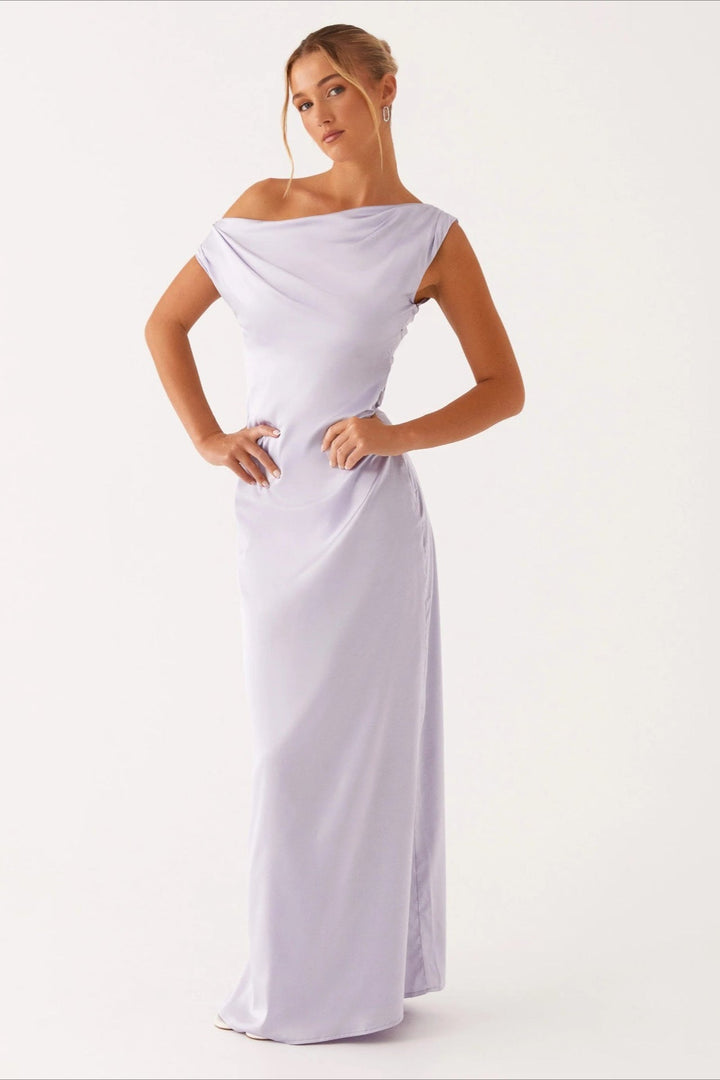 Damen Einfarbiges Maxikleid Mit Asymmetrischem Ausschnitt – Abendkleid