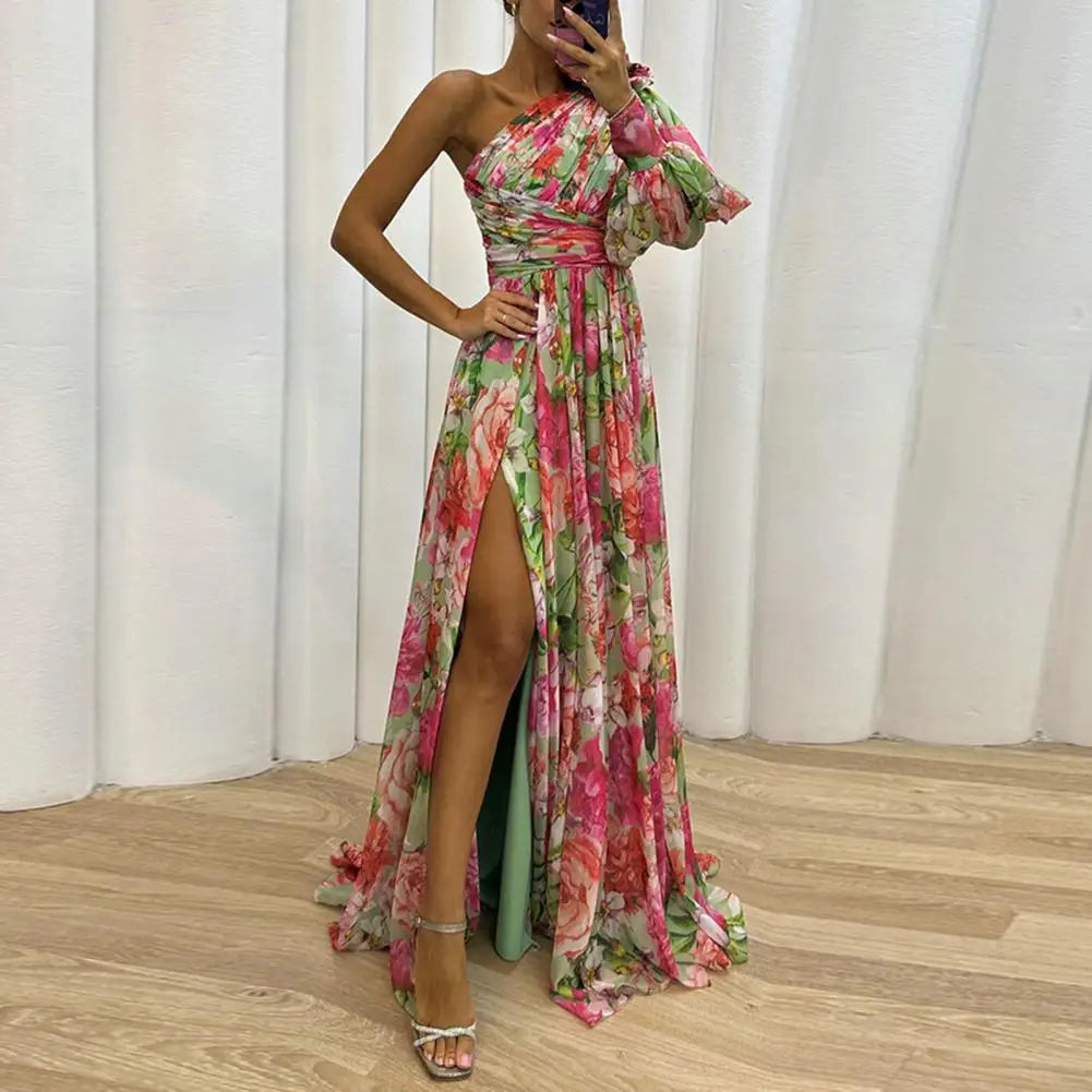 Damen Eine Schulter Plissiertes Blumen Kleid