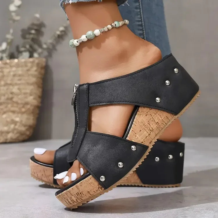 Damen Leder Plattform Hausschuhe