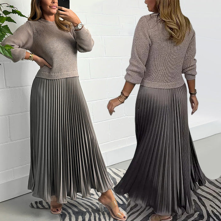 Damen Rundhals Plissiertes Kleid