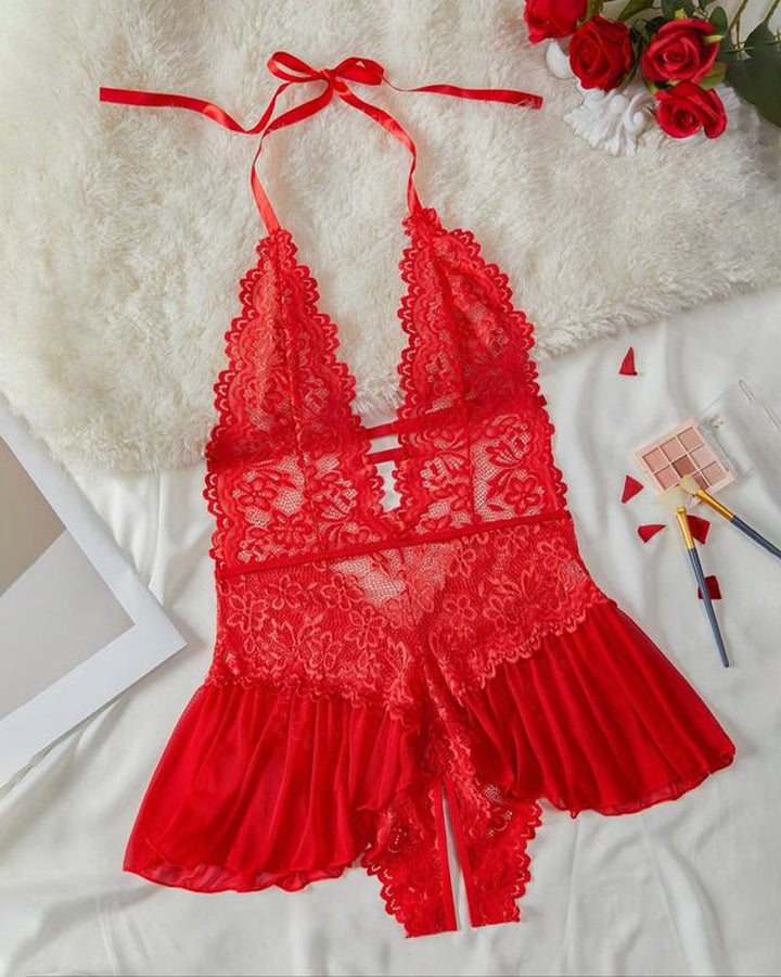 Sexy einfarbiger Spitzenpyjama für Damen