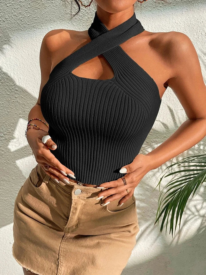 Ärmelloses, dehnbares Stricktop für Damen mit herzförmigem, überkreuztem Ausschnitt