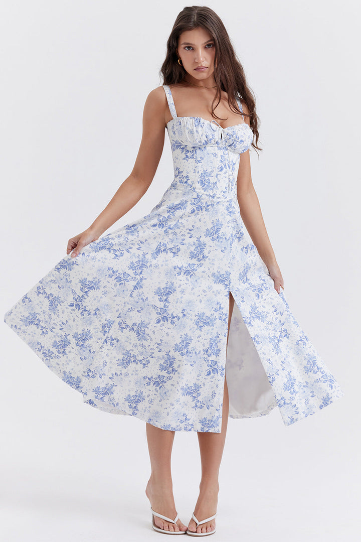 Elegantes, ärmelloses Damen-Partykleid mit Blumenmuster, Schlitz und herzförmigem Ausschnitt