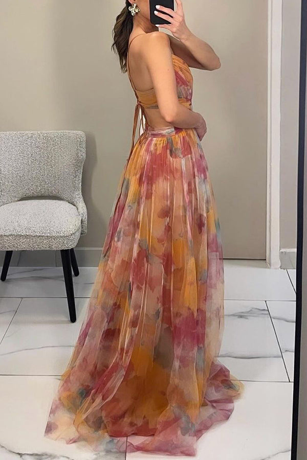 Damen Florales Fließendes Maxikleid – Ärmelloses Elegantes Hochzeitsgast Kleid