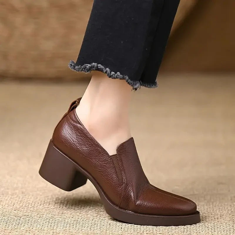 Damen Spitze Leder Loafer Mit Blockabsatz – Freizeit Schuhe