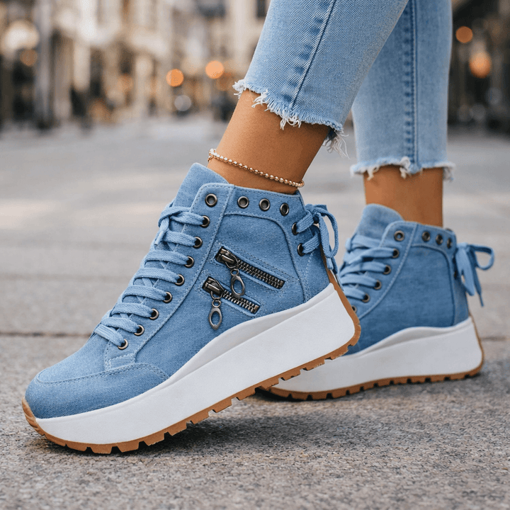 Damen Chunky Denim Sneaker Mit Schnürung Im Street Style