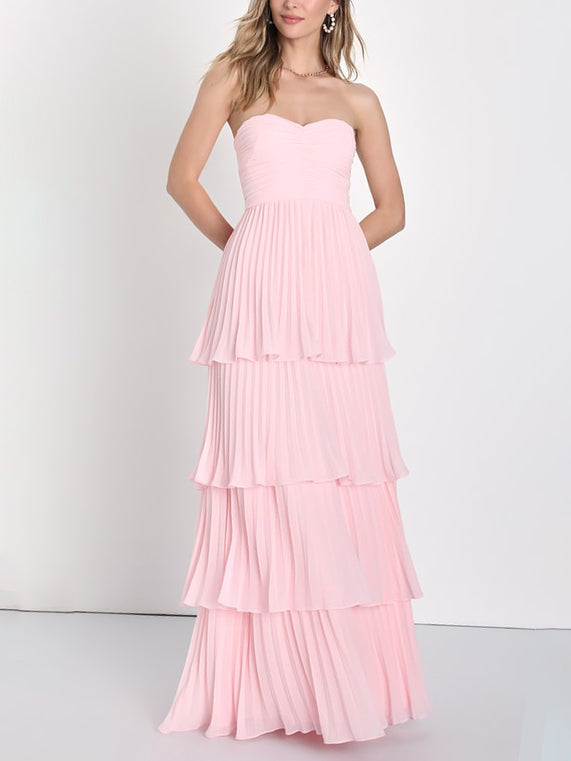 Damen Trägerloses Gerafftes Gestuftes Maxi Anlasskleid – Elegantes Abendkleid