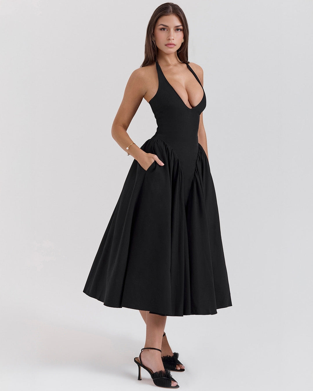 Ärmelloses, elegantes, figurbetontes Tüllkleid im Korsett-Stil mit V-Ausschnitt