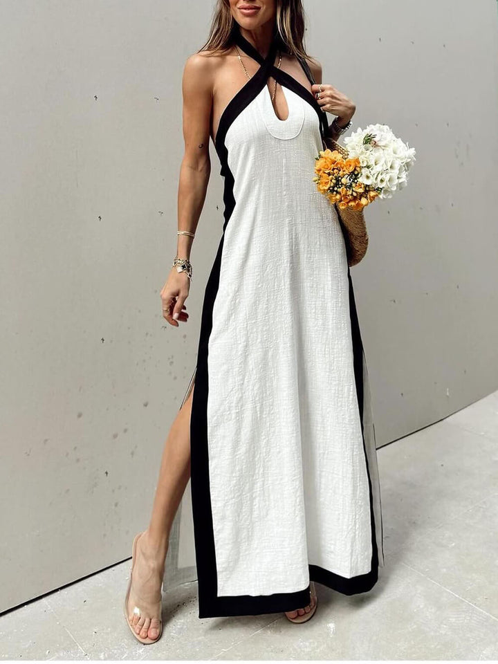 Damen Farbblock Halterneck Maxikleid Mit Seitenschlitz – Elegantes Kleid