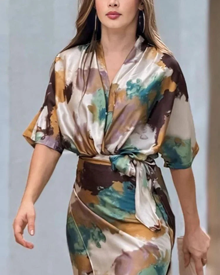 Damen Satin Batik Wickelkleid