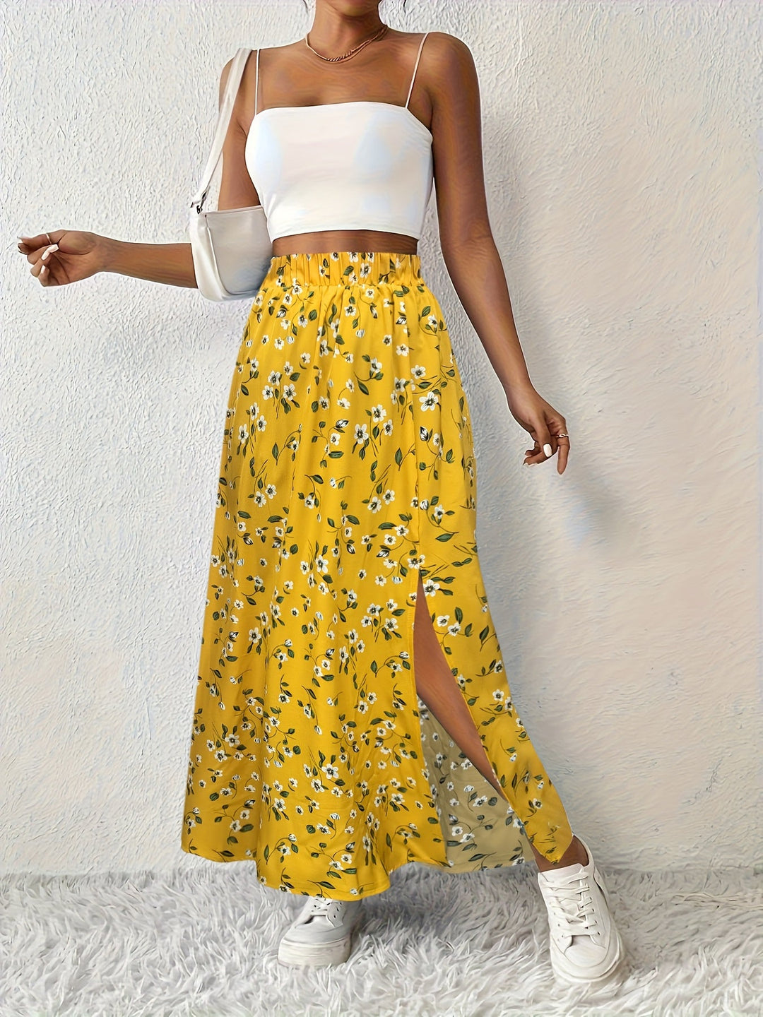 Damen-Maxirock mit hohem Bund und Blumenmuster – Leichtes Modell mit Seitenschlitz