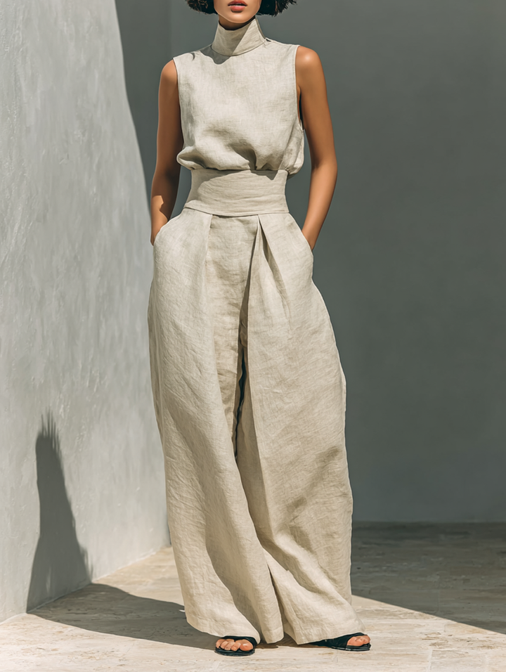 Damen Leinen Zweiteiler Set - Rollkragen Top Weite Hose