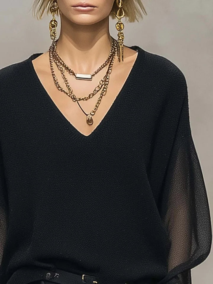 Transparente, schwarze Damenbluse mit V-Ausschnitt und langen Ärmeln – Atmungsaktives, locker sitzendes Top
