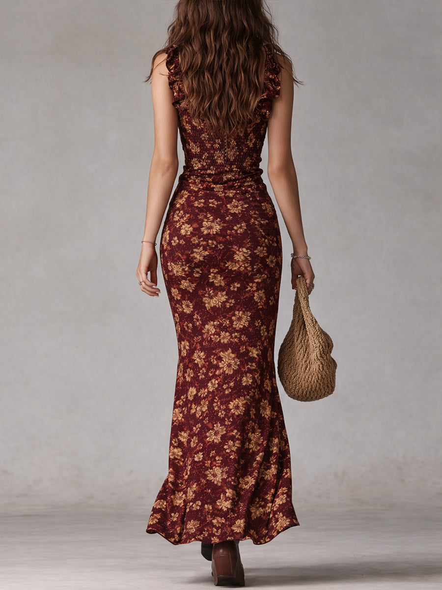 Damen Boho Maxikleid Mit Rüschenärmeln – Sommerkleid Mit Schlitz