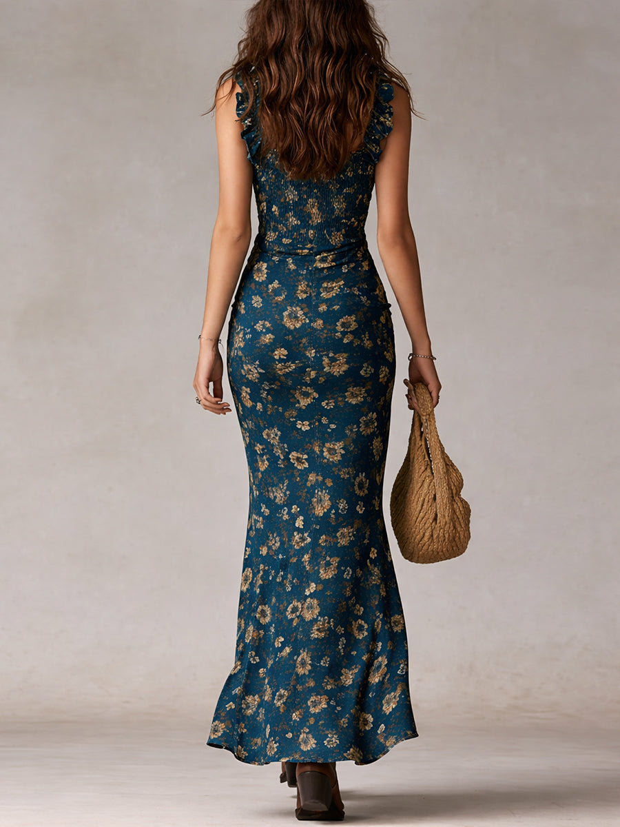 Damen Boho Maxikleid Mit Rüschenärmeln – Sommerkleid Mit Schlitz