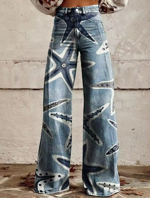 Stylische Seesterne bedruckte Boho Denim Hose für Damen