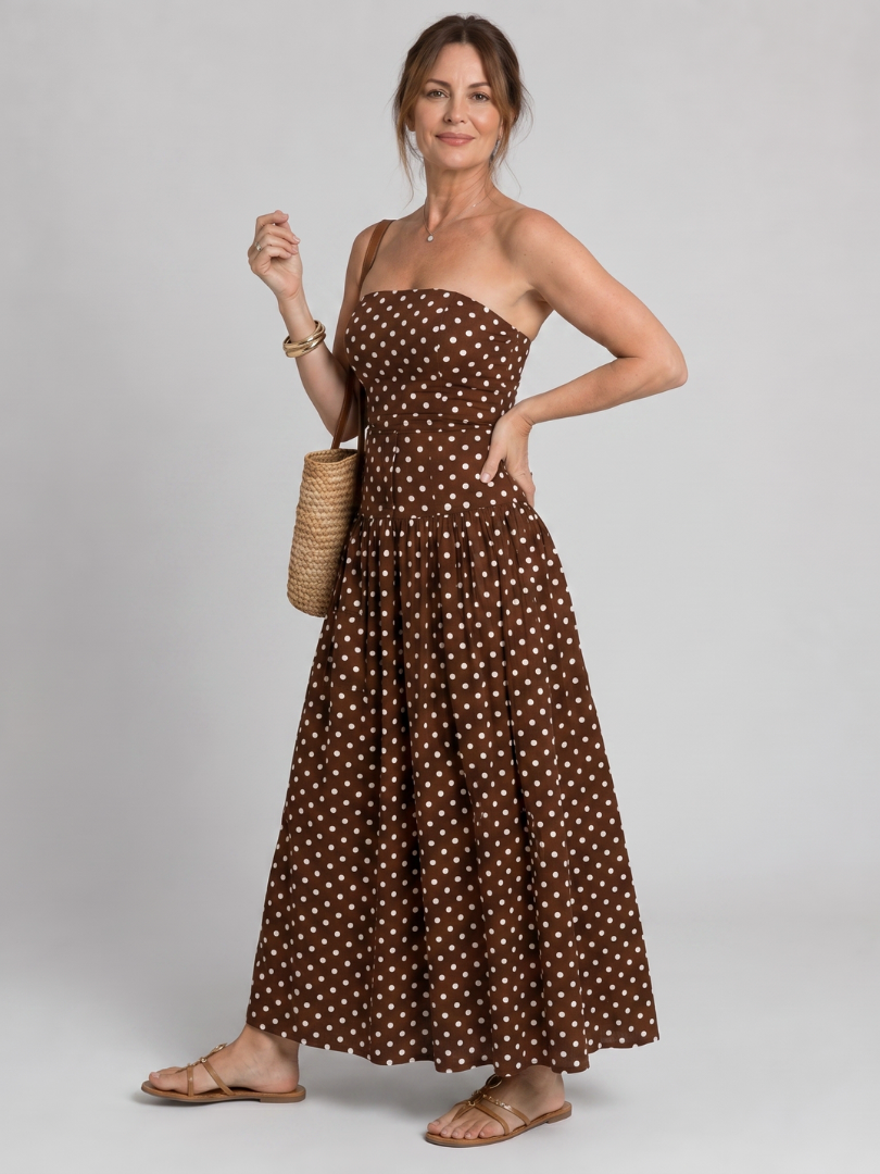 Sorien | Schulterfreies Midikleid mit Punktemuster