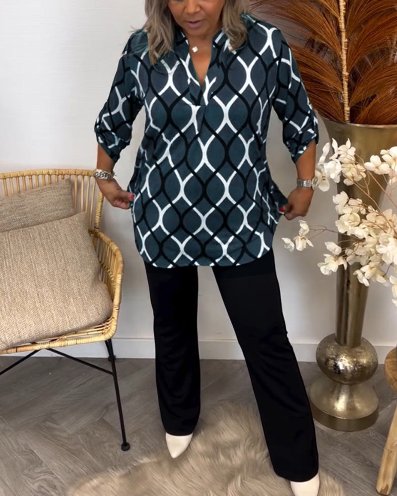 Damen Bluse Mit Knöpfen Und Kreis Muster