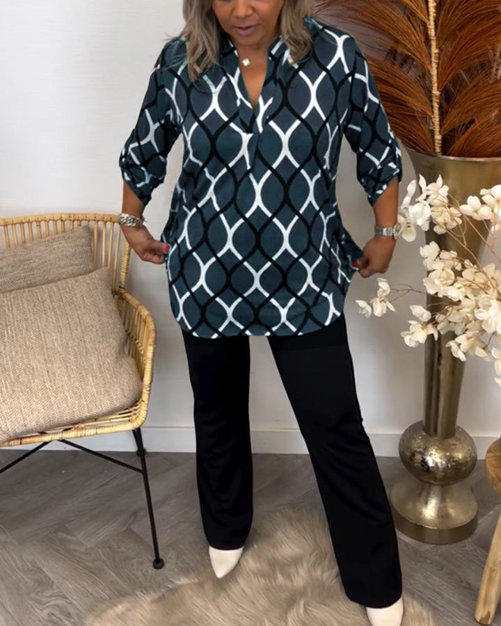 Damen Bluse Mit Knöpfen Und Kreis Muster