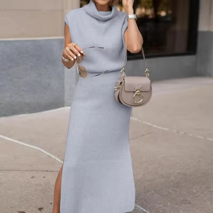 Damen Cowl Neck Midi Strickkleid – Tailliert Mit Seitenschlitz Kleidung