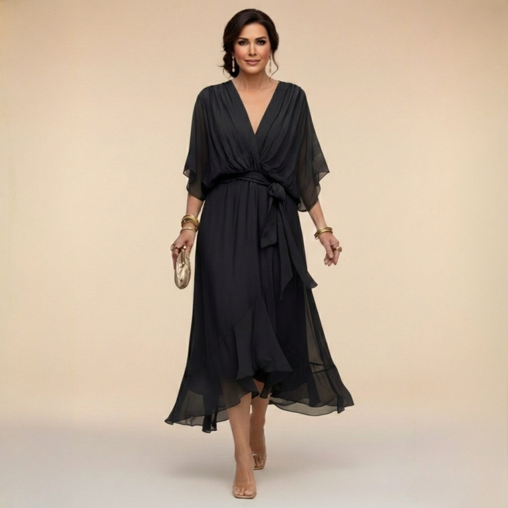 Elegantes, ausgestelltes Chiffon-Midikleid mit V-Ausschnitt und Gürtel für Damen – Perfektes Kleid für Hochzeitsgäste