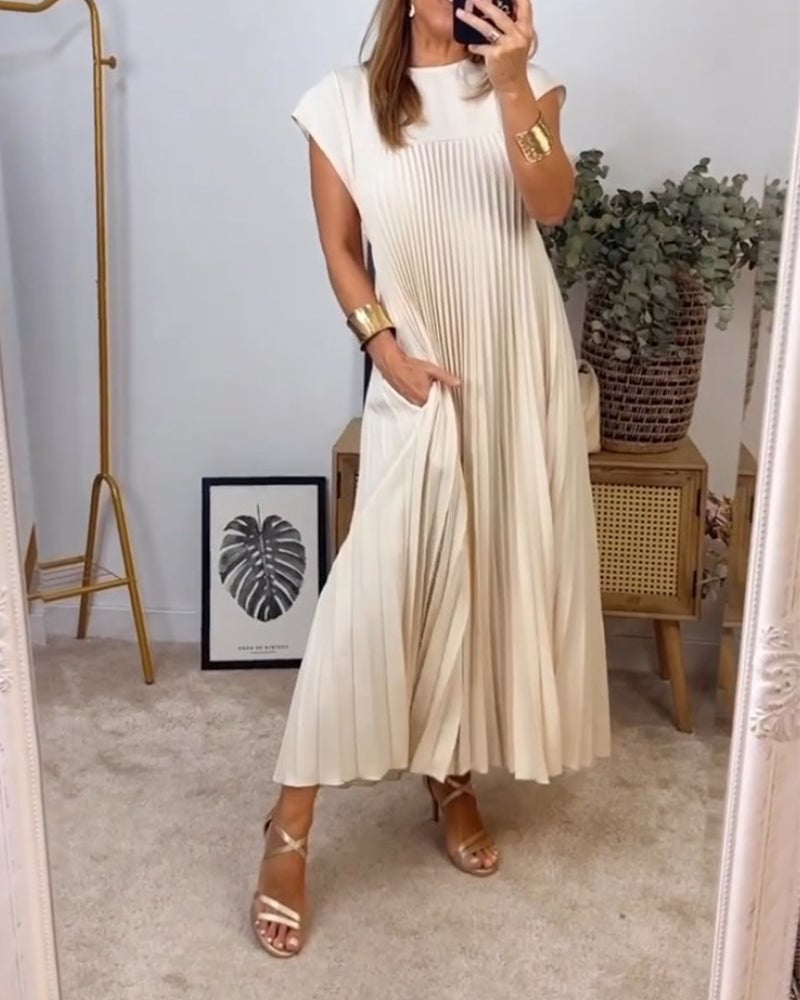 Damen Kurzarm Plissiertes Maxikleid
