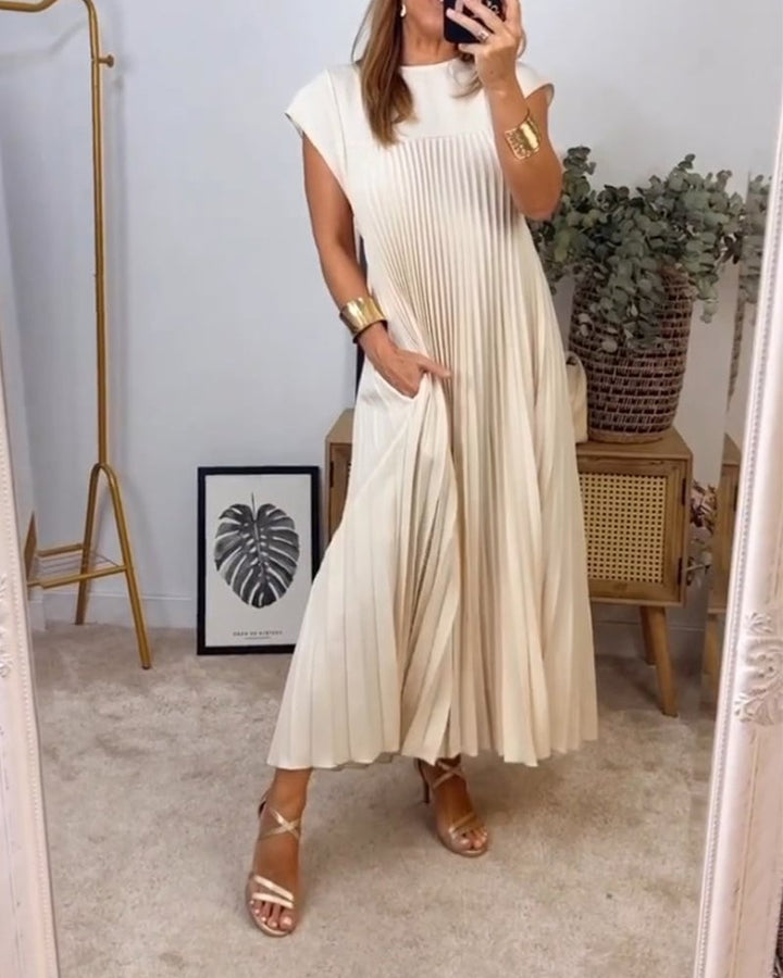 Damen Kurzarm Plissiertes Maxikleid