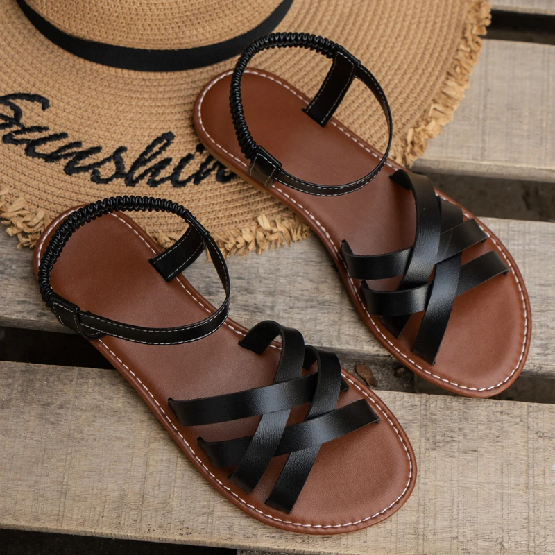 Damen Flache Leder Sandalen Mit Kreuzriemen – Elegante Sommer Komfort Schuhe
