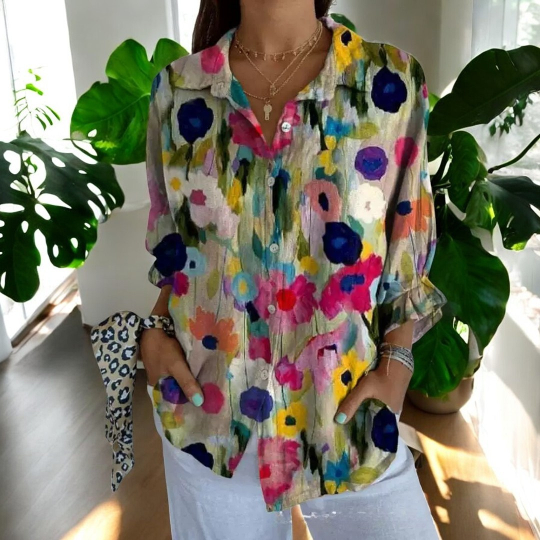 Damen Geblümte Bluse Mit Knopfleiste