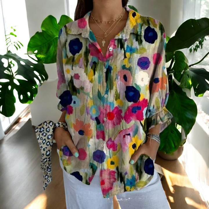 Damen Geblümte Bluse Mit Knopfleiste