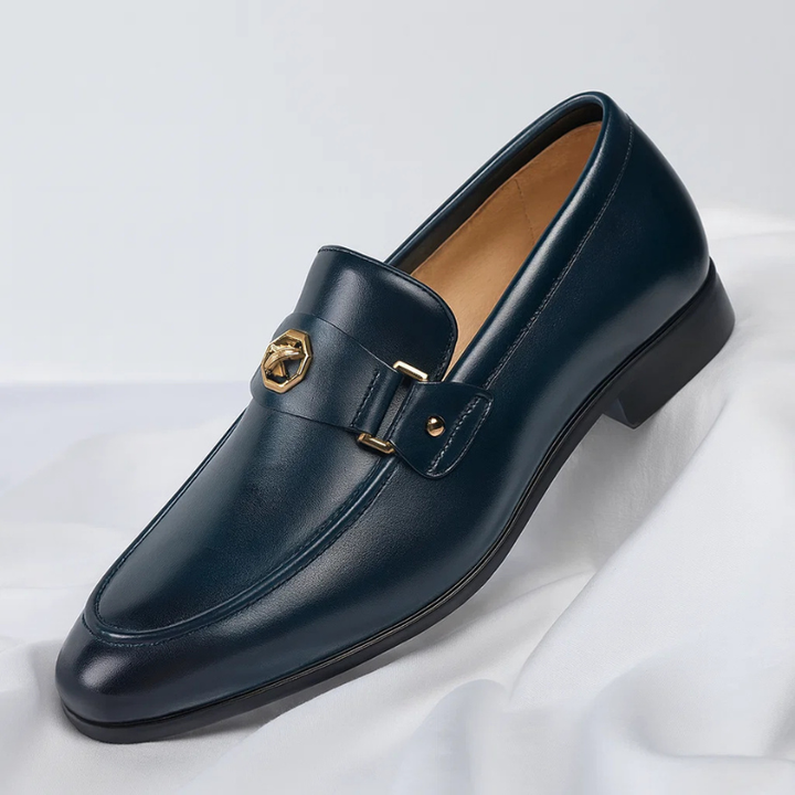 Herren Blaue Leder Loafer Mit Metallakzent – Elegante Slipper Schuhe