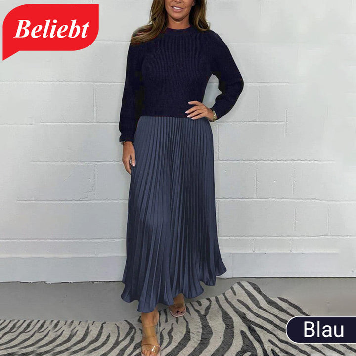 Damen Rundhals Plissiertes Kleid
