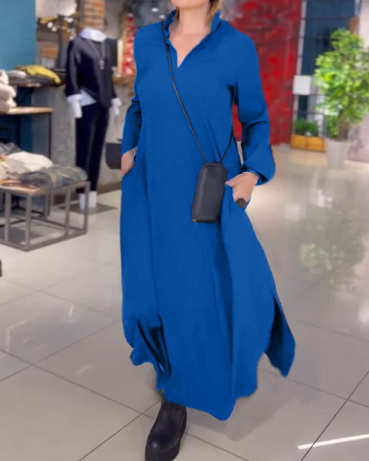 Damen Schicke V Ausschnitt Langarm Maxi Kleid Mit Schlitzen