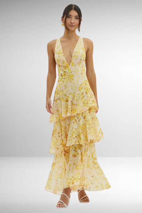 Lagen-Maxikleid aus Chiffon für Damen – Ärmelloses Kleid mit V-Ausschnitt und offenem Rücken