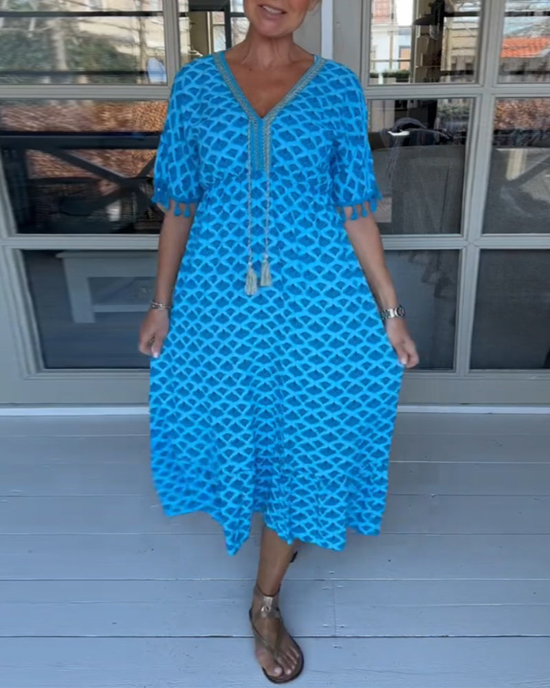 Damen Blaues Geblümtes Weit Schwingendes Kleid