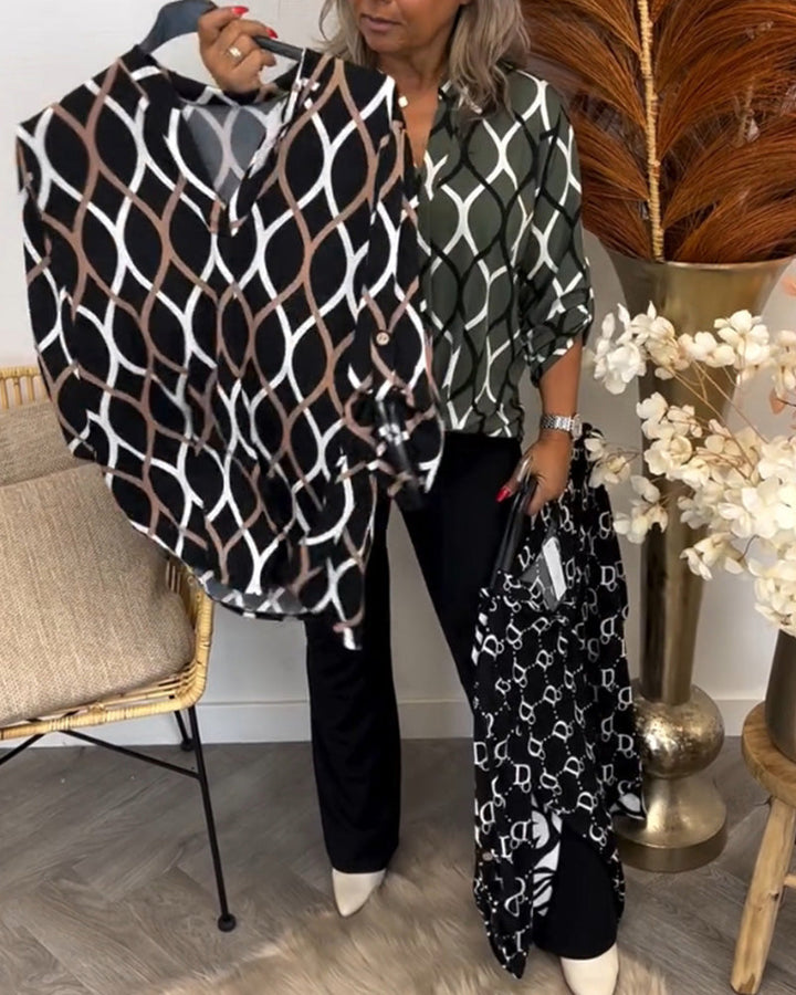 Damen Bluse Mit Knöpfen Und Kreis Muster