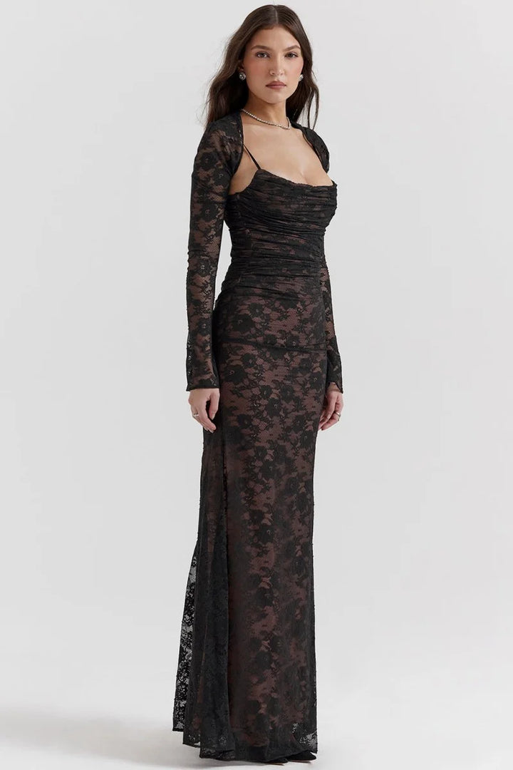 Set aus figurbetontem Maxikleid aus Spitze für Damen – Langärmlige, kurze Jacke