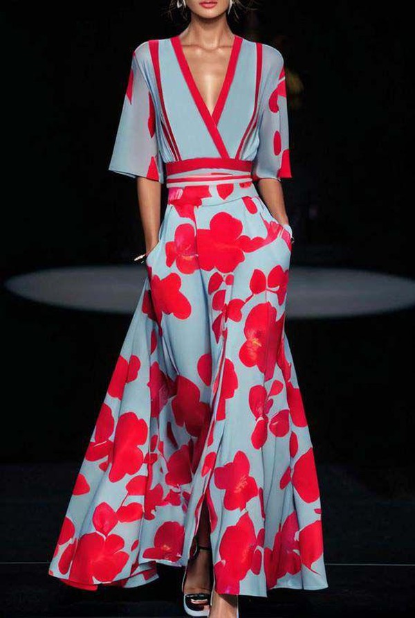 Damen Seiden V Ausschnitt Blumen Wickelkleid