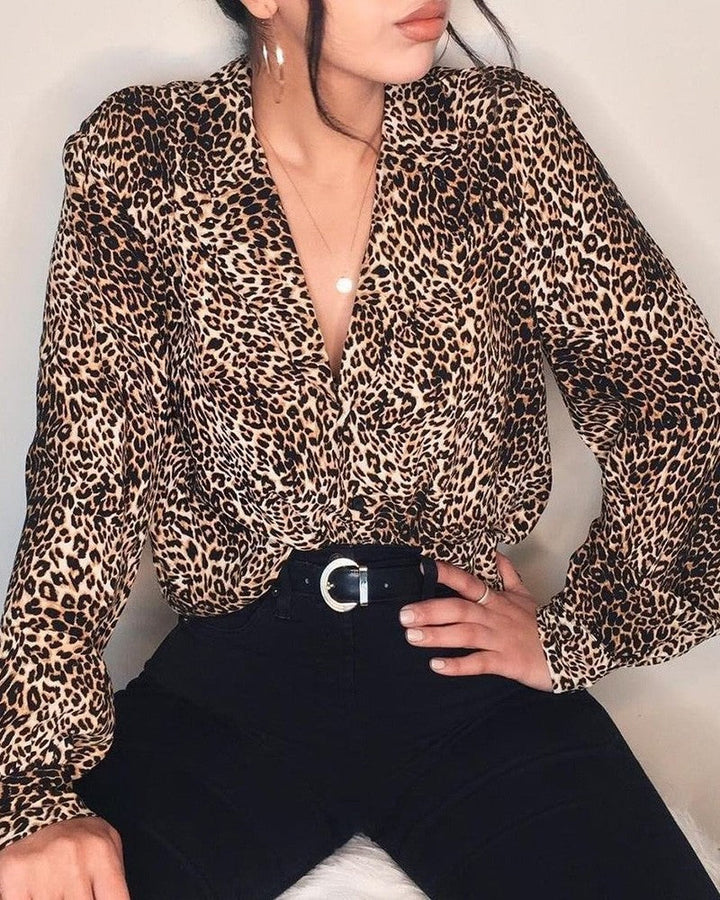 Damen Leopardenmuster Bluse – Langarm Knopfleiste Stilvolles Top