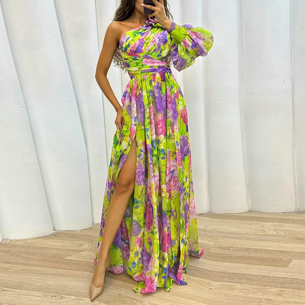 Damen Eine Schulter Plissiertes Blumen Kleid