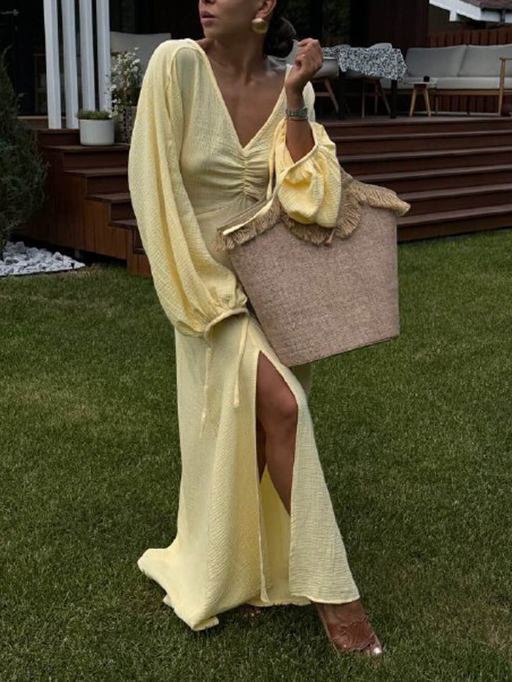 Damen Plissiertes Kleid Mit Schlitz Und Laternenärmeln – Elegantes Maxikleid