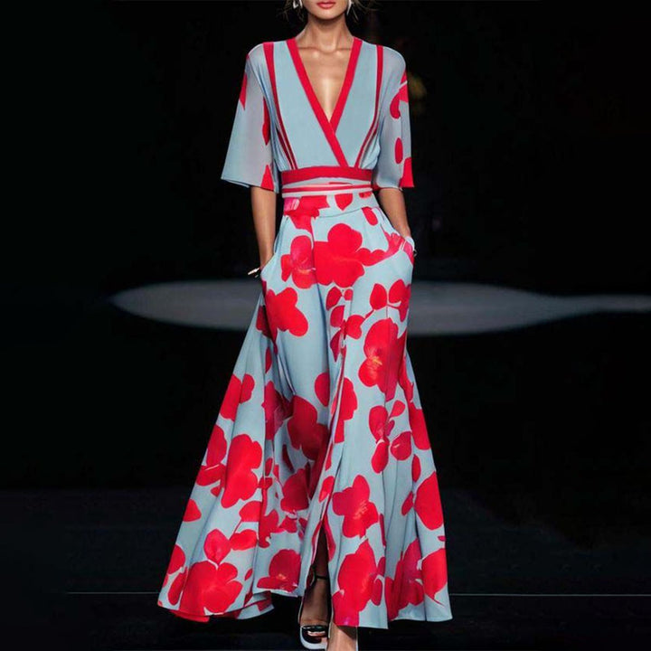 Damen Seiden V Ausschnitt Blumen Wickelkleid