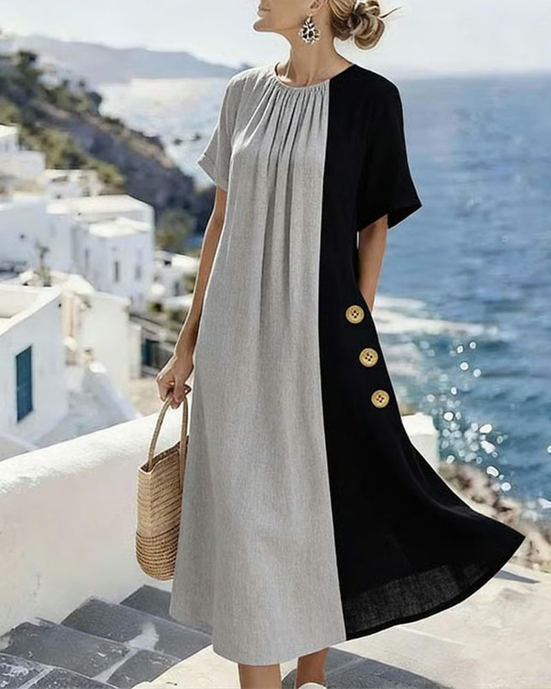 Lässiges Langes Kleid mit Rundhals und Kontrast-Detail