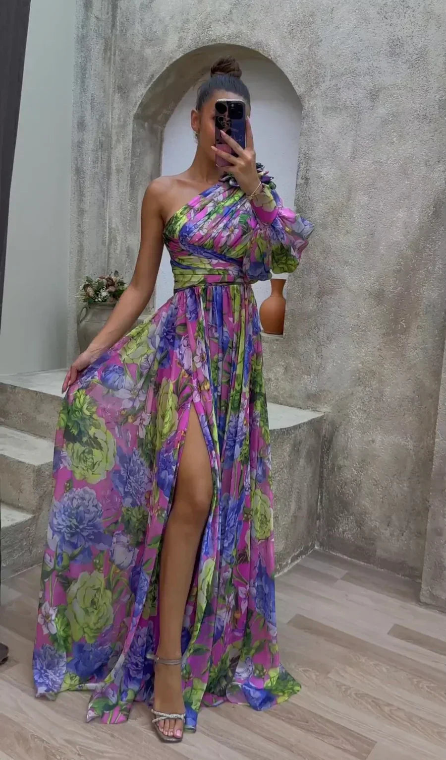 Damen Florales Schulterfreies Sommerkleid - Eleganter Fließender Event Kleid