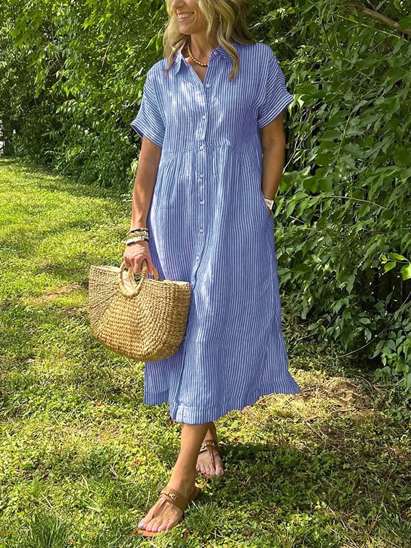 Damen Geknöpftes Gestreiftes Midikleid