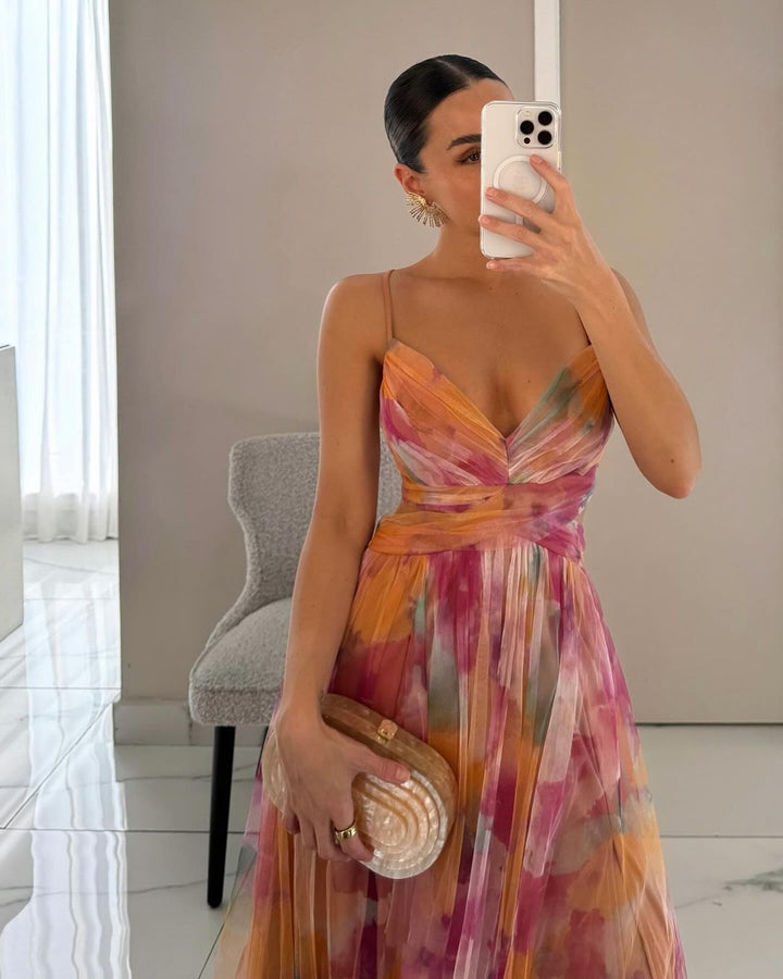 Damen Florales Fließendes Maxikleid – Ärmelloses Elegantes Hochzeitsgast Kleid